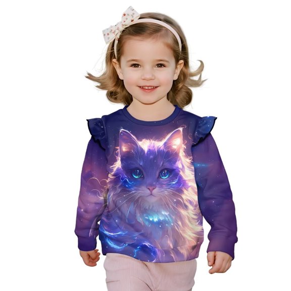 Uorisanigo Girls Ruffle Sweatshirts Toddler Oversized Sweatshirt Round Neck Cute Cat Starry Pullover Sweater Tops Long Sleeve T Shirts Fall Winter Spring Clothes