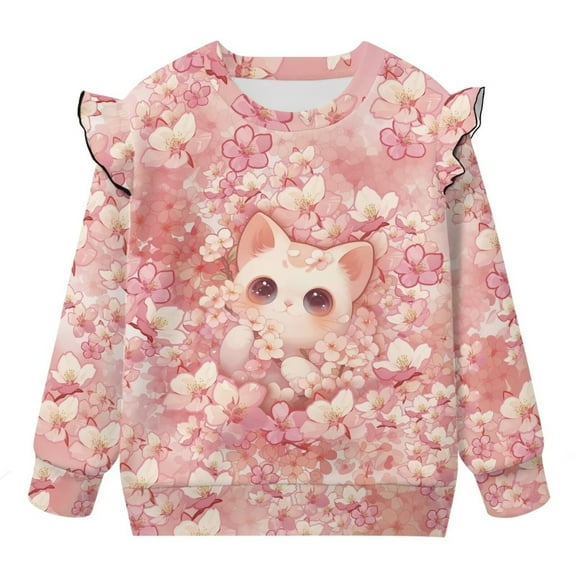 Uorisanigo Girls Sweatshirt Crewneck Cherry Blossom Cat Pullover Sweater Tops Ruffle Long Sleeve Pullover Hoodie Casual Toddler Oversized Sweatshirts Size 4-5