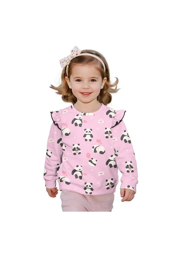 Girls Sweatshirt Ruffle Long Sleeve Cute Panda Pink Pullover Sweater Tops Oversized Shirts Sweatshirt Fall Winter Clothes Kids Pullover Hoodies