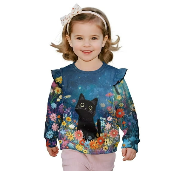 Uorisanigo Girls Sweatshirt Ruffle Long Sleeve Pullover Sweater Tops Oversized Shirts Black Cat Floral Sweatshirt Casual T-Shirts for Fall Winter Spring Size 4-5