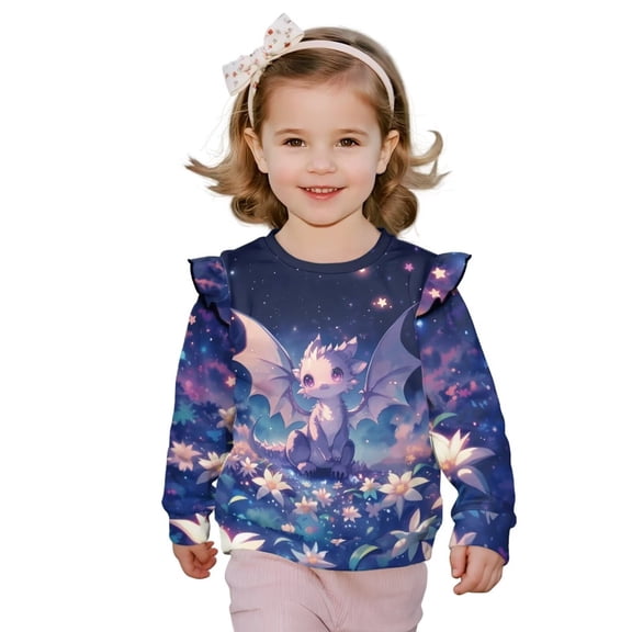 Uorisanigo Girls Sweatshirts Age 1-8 Ruffle Pullover Sweatshirt Soft Long Sleeve Crewneck Purple Dragon Floral Shirts Kids Hoodie Sweater Tops Fall Fashion
