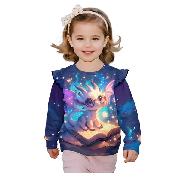 Uorisanigo Girls Sweatshirts Cute Ruffle Shoulder Crewneck Galaxy Dragon Scholar Sweatshirts Soft and Lightweight Pullover Sweater Tops, Fall Fashion Size 1-8
