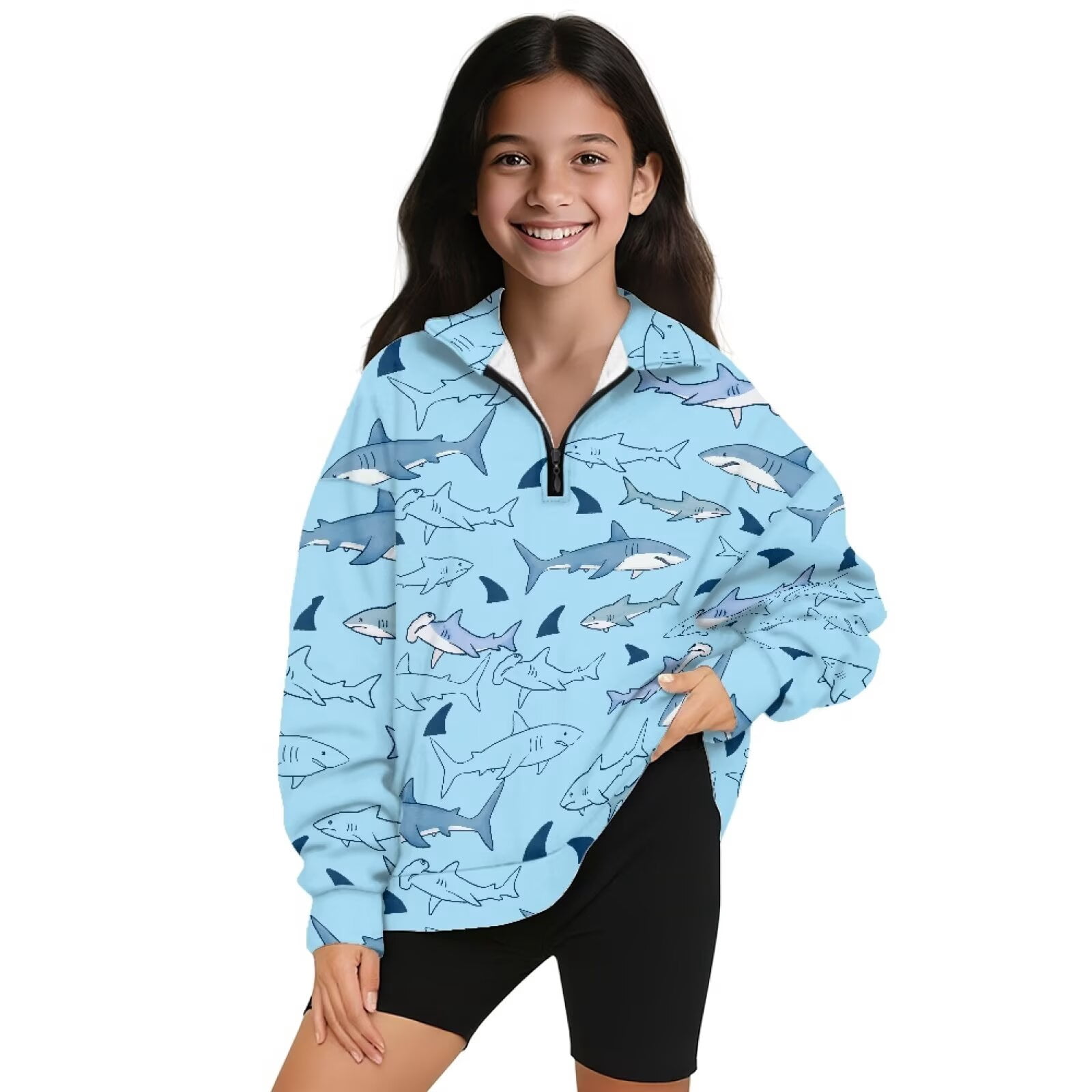 Uorisanigo Girls Sweatshirts Fashion Oversized Blue Shark Print Long Sleeve Pullover Shirt Top Fall Trendy Clothes Cropped Pullover Hoodies Athletic Tops Quarter-Zip Jacket