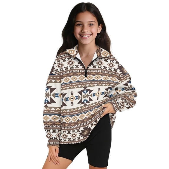 Uorisanigo Girls Sweatshirts Oversized Long Sleeve Shirts Tops Fall Trendy Aztec African Tribal Quarter Zip Pullover Sweatshirts for Vacation Shopping Exercise Wear, Athletic Shirts Tops