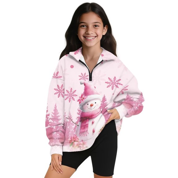 Uorisanigo Girls Sweatshirts Soft Long Sleeve Pullover Crop Tops Christmas Snowman Pink School Quarter-Zip Pullover Jacket Fall Spring Outfits Clothes Outerwear Jacket Size 13-14