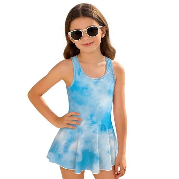 Uorisanigo Girls Swimsuits One Piece Sleeveless Blue Marble Print Polyester and Spandex Fabric Swimwear Size 5-6 with Skirt Swim Dress Summer Beach