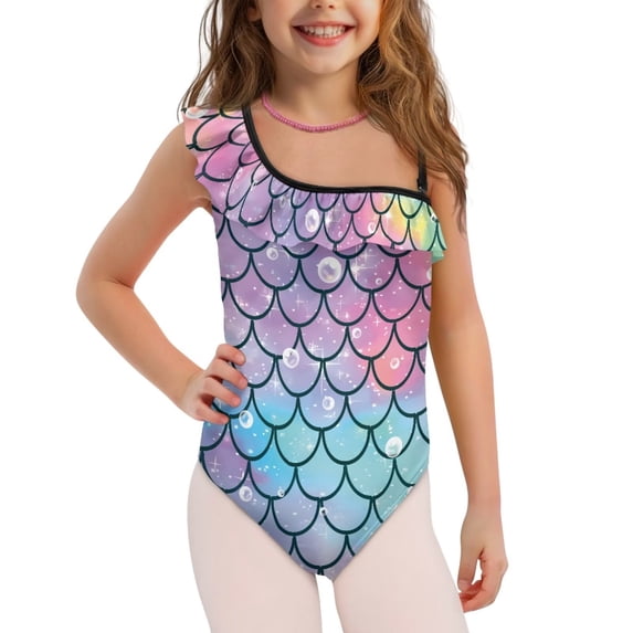 Uorisanigo Girls Swimsuits Size 7-8 Single Spaghetti Strap Ruffle Halter Swimming Training Bathing Suit Mermaid Scale One Piece Quick Dry Beach Swimwear for Kids