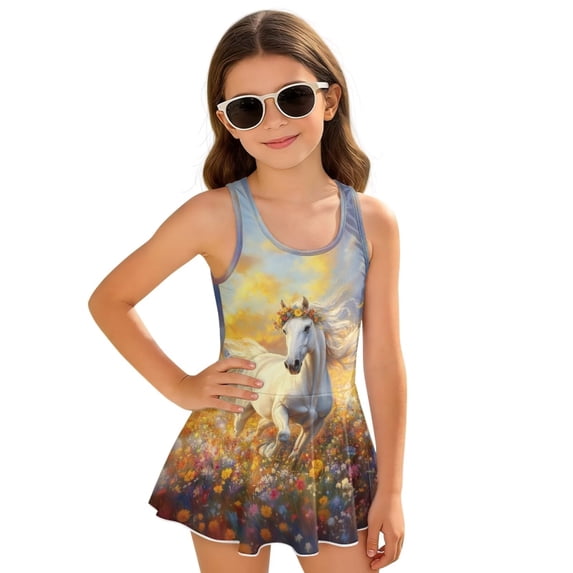 Uorisanigo Girls Swimsuits with Skirt Size 8-9 One Piece Bathing Suit Swimwear Sleeveless Modest Swim Dress Swimming Lessons, White Horse Floral