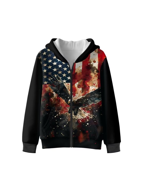 Girls Zip Up Hoodies Boys Sweatshirt Jacket Casual Long Sleeve Hooded Sweatshirts Retro American Flag Eagle Pullover Shirts with Front Pocket School Sweater