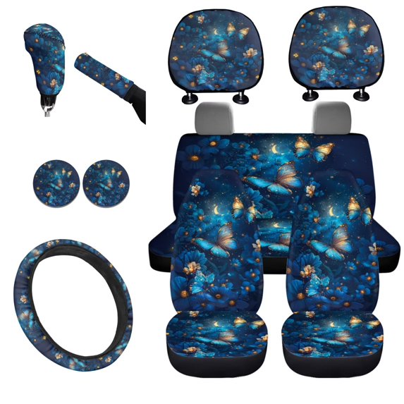 Uorisanigo Glowing Butterfly Automotive Front and Rear Cushion Covers Steering Wheel Cover Pillowcase for Cars Gear Lever Cover+Hand Brake Cover Water Coaster Easy to Clean 11 PCS
