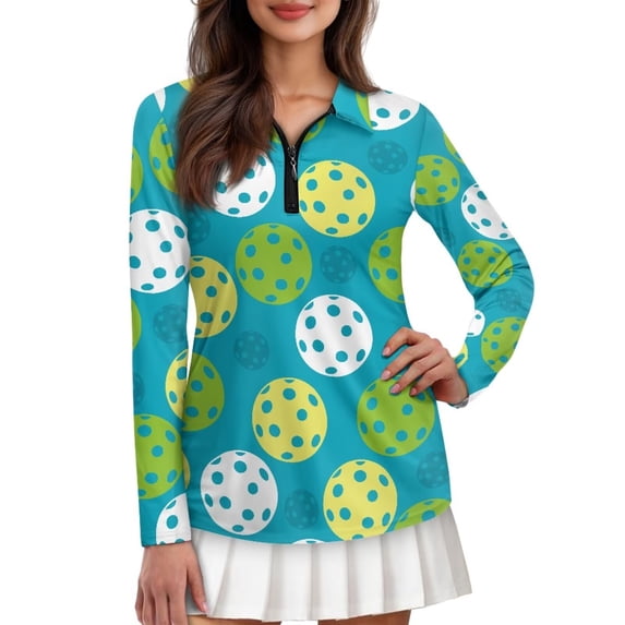 Uorisanigo Golf Ball Athletic Polo Workout Tops for Women Stylish Long Sleeve Hiking Running Workout Tops Zip Up Collar Daily Wear for Women