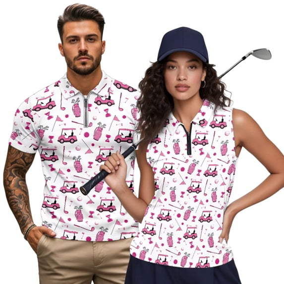 Uorisanigo Golf Cart Matching Couple Outfits Golf Shirts for Men Quick Dry Short Sleeve Shirts for Work Athletic and Women's Sleeveless Golf Tennis Shirts Zip Up Workout Tank Tops