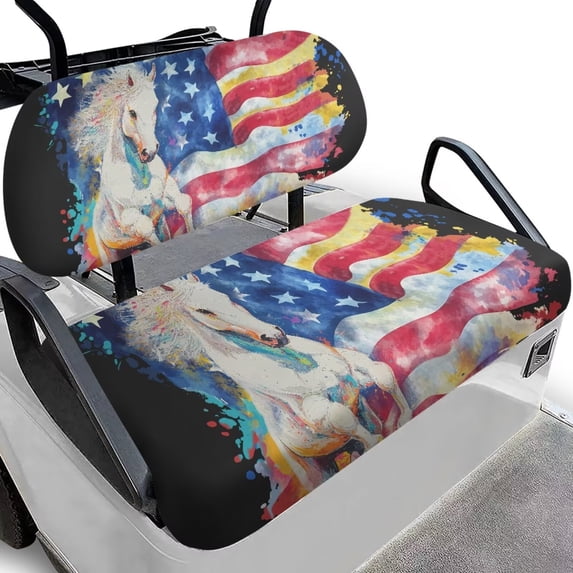 Uorisanigo Golf Cart Seat Cover Horse American Flag Backrest and Seat Covers 2 Pieces Set - Breathable Polyester, Universal Fit for Club Car 2-Passenger Carts