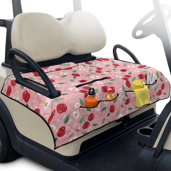 Uorisanigo Golf Cart Seat Covers for 2 Person Seats, Universal Flowers Cherry Pink Golf Cart Seat Towel Blanket Accessories with 4 Front Pockets, All-Season Protection