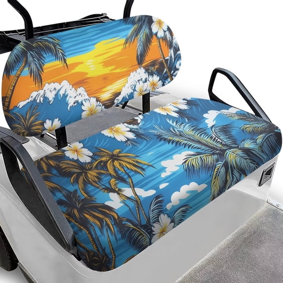 Uorisanigo Golf Cart Seat Covers Easy to Install Golf Cart Seat Cushions Front Hawaii Plumeria Palm Tree Scenery Anti-Slip Golf Cart Seat Protector Universal Fit All EZGO, More 2-Seat
