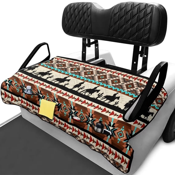 Uorisanigo Golf Cart Seat Covers Fits for EZGO, Club Car, Yamaha and More, Universal Aztec African Tribal Horse Golf Cart Seat Towel Blanket with 4 Front Pockets, All-Weather Protection