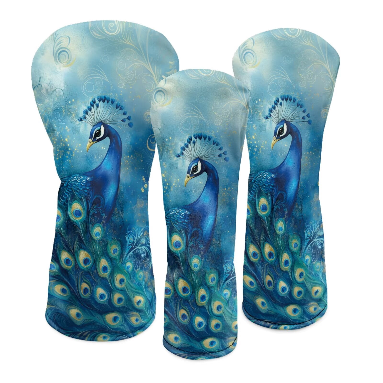 Uorisanigo Golf Club Covers Set of 3 Driver Headcover and Fairway Wood Head Covers Hybrid Headcovers, Blue Paisley Peacock Accessories Premium PU Leather Golf Head Cover