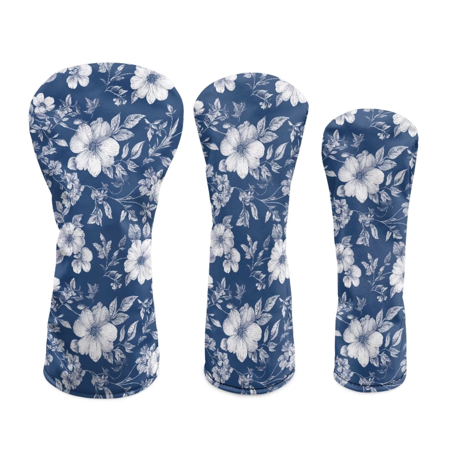 Uorisanigo Golf Club Covers Set, Blue Hibiscus Driver Fariway Wood Hybrid Headcover Set of 3, 3/5 Woods Headcover Leather Golf Club Head Covers, Golfer Gift Accessory for Women Men