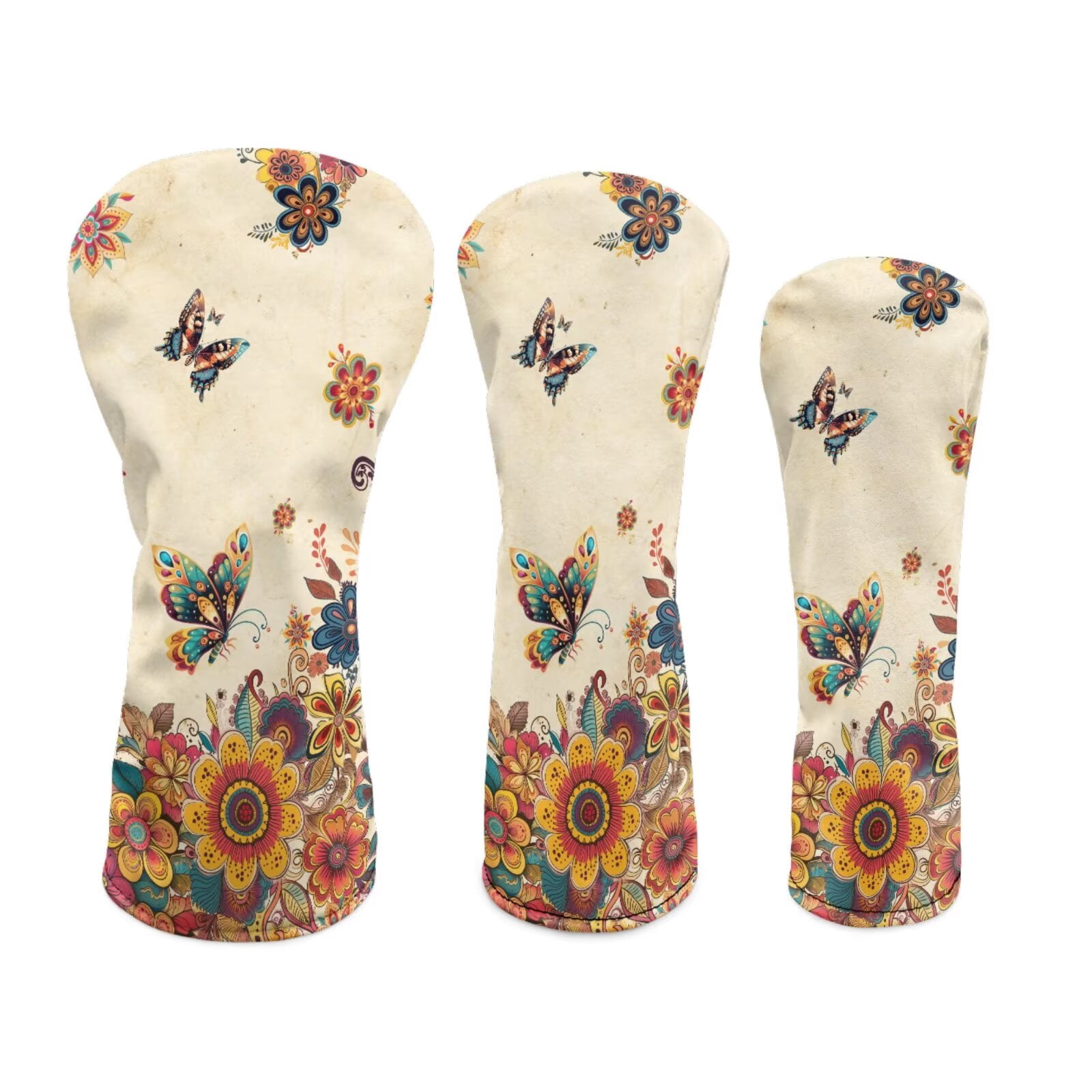 Uorisanigo Golf Club Covers Set for Driver, Fairway Wood and Hybrid Soft PU Leather Ethnic Floral Butterfly Golf Club Head Covers, 3 Pack Set Essential Golfing Accessories, Easy to Use