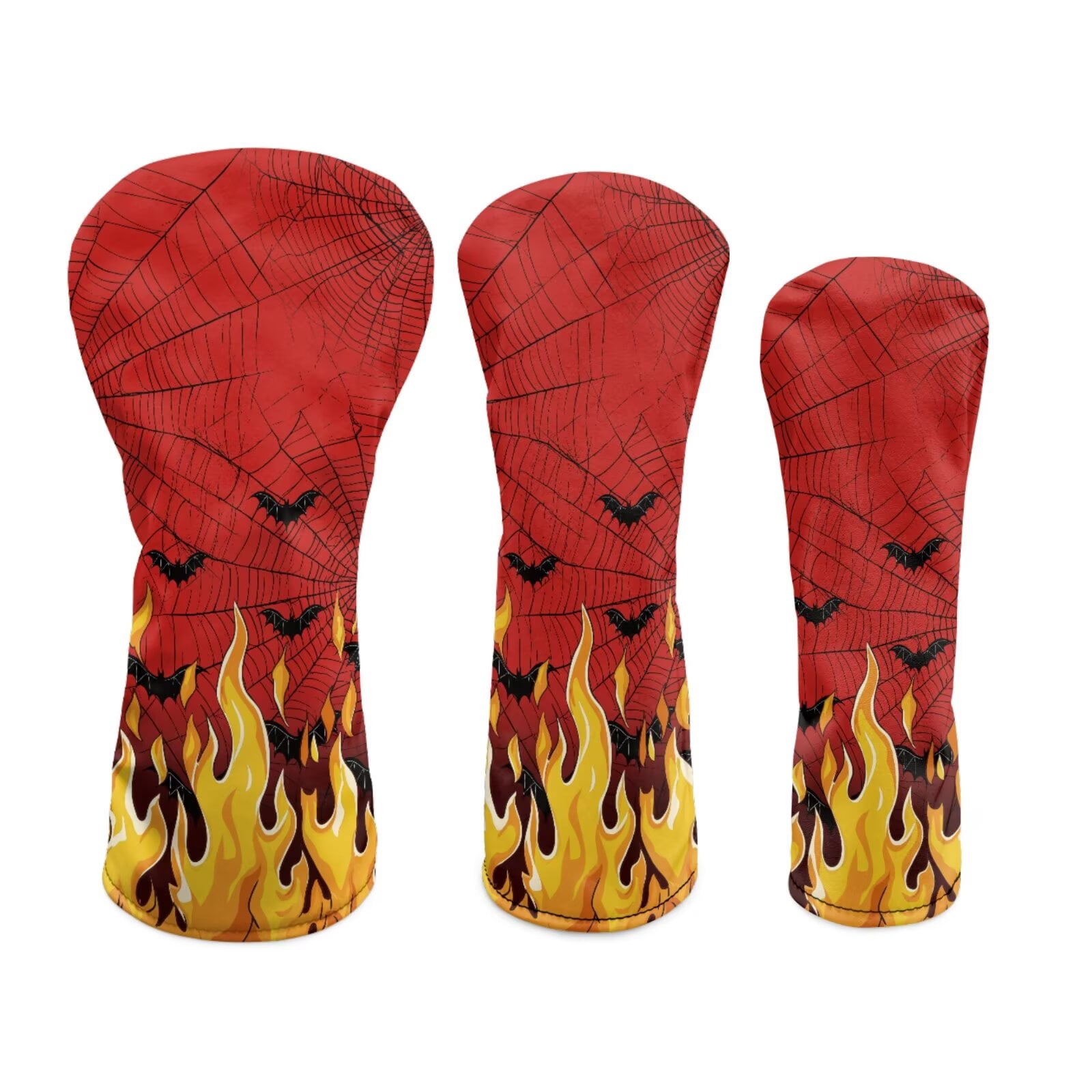 Uorisanigo Golf Club Covers Set for Driver, Fairway Wood and Hybrid Soft PU Leather Fire Red Black Bat Golf Club Head Covers, 3 Pack Set Essential Golfing Accessories, Easy to Use