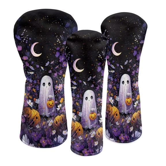 Uorisanigo Golf Club Covers Set, Driver Headcover and Fairway Wood Head Covers Hybrid Headcovers 3/5 Wood Headcover Leather Purple Flower Ghost Golf Club Head Cover