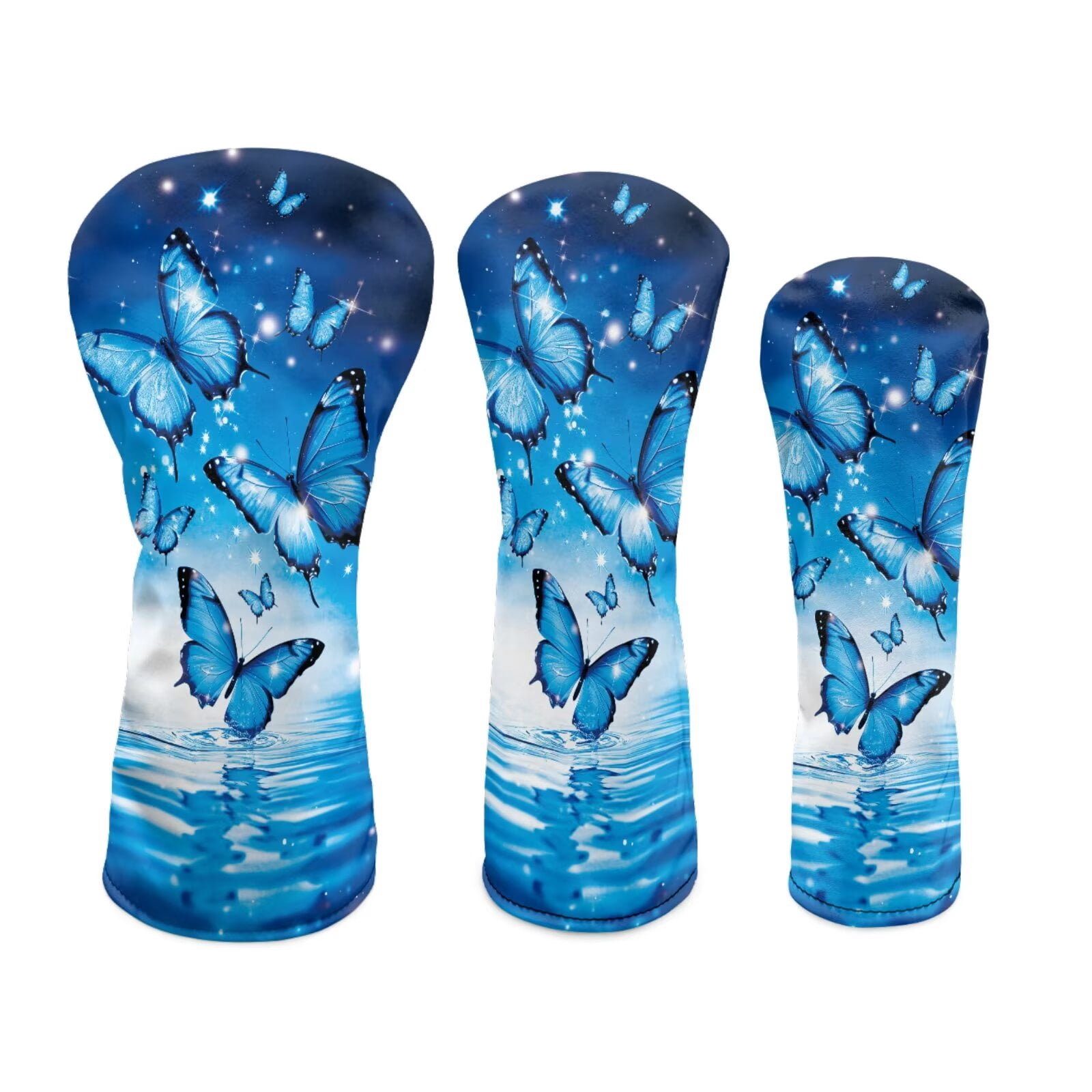 Uorisanigo Golf Club Head Cover 3PCS Set, Driver Headcovers, Fairway Woods Head Covers, Hybrids Headcover, Blue Butterfly Golf Club Covers with Soft Lining for Extra Clubs Protection