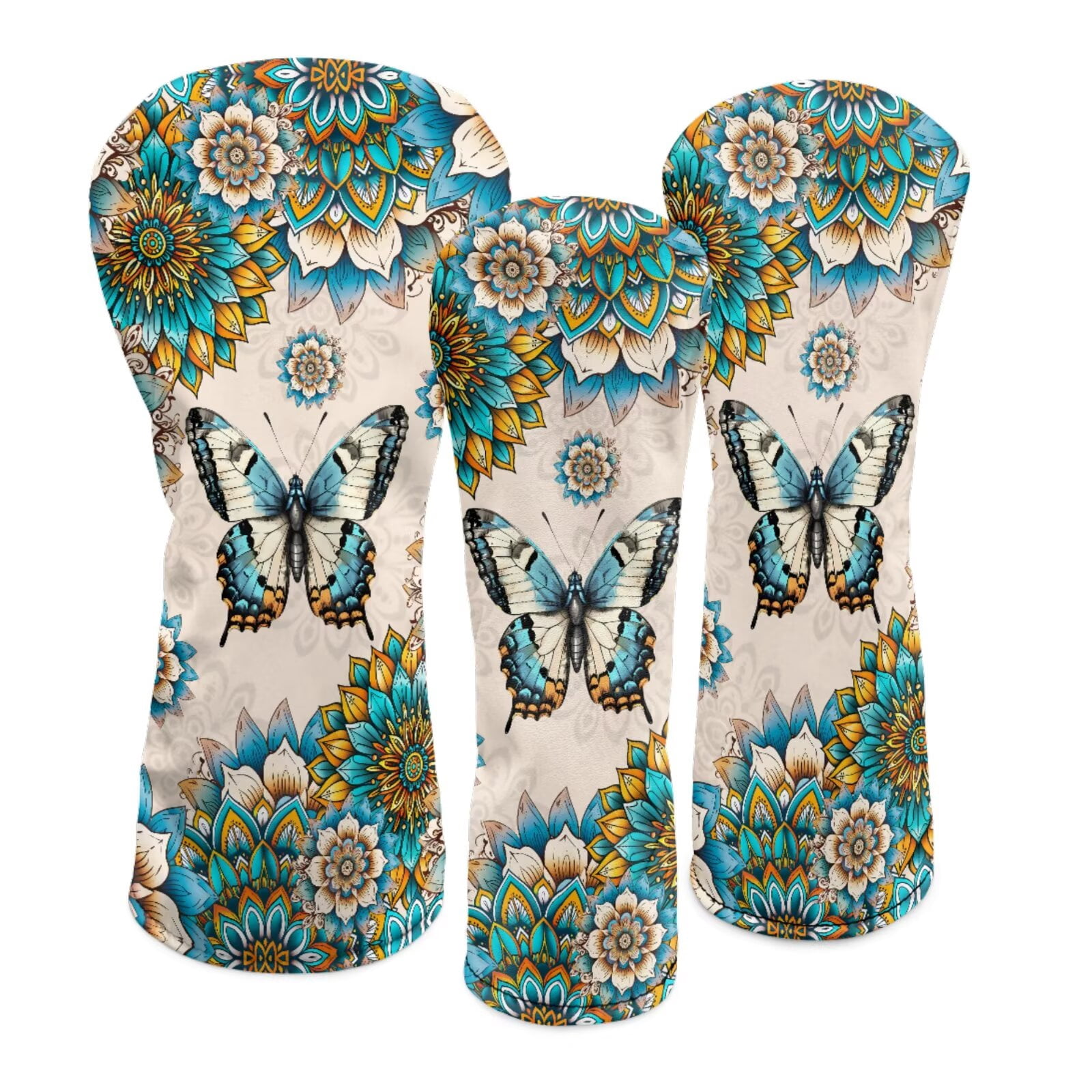 Uorisanigo Golf Club Head Cover PU Leather 3 Pcs Boho Mandala Butterfly Golf Headcovers for Woods and Driver Fairway Hybrids Women, Durable and Stain Resistant, Accessories Protection