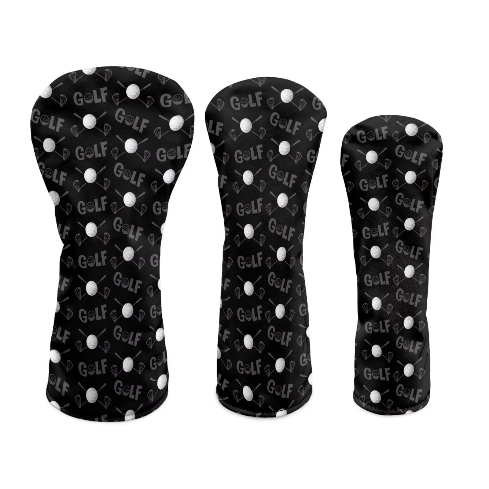 Uorisanigo Golf Club Head Cover PU Leather Black Golf Print Headcovers 3 Pcs Set Fits Driver Fairway Wood Hybrid Headgear, Durable Accessories for Women Men