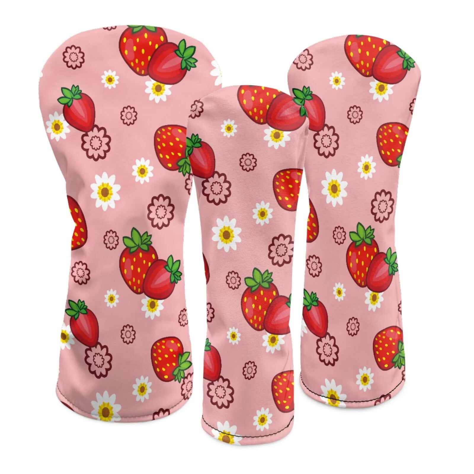 Uorisanigo Golf Club Head Cover, PU Leather Flower Strawberry Golf Driver Fairway Wood Hybrid Head Covers, Soft Lined Interior, Water Resistant and Durable, 3 PCS Accessories