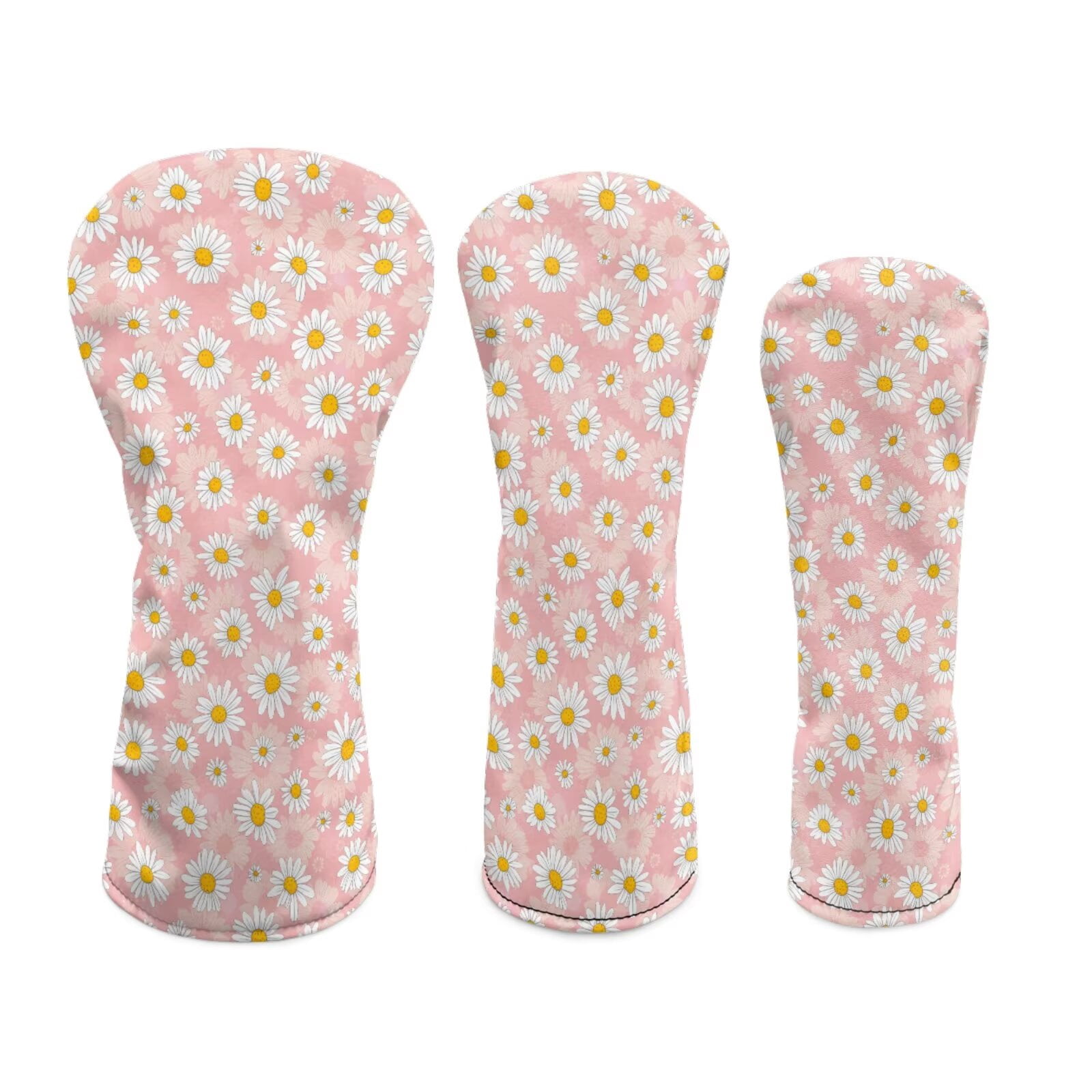 Uorisanigo Golf Club Head Cover, Premium Pink Daisy Golf Head Covers, PU Leather Driver Headcover, Stain-Resistant Hybrid Headcover, Fairway Wood Headcovers, Set of 3