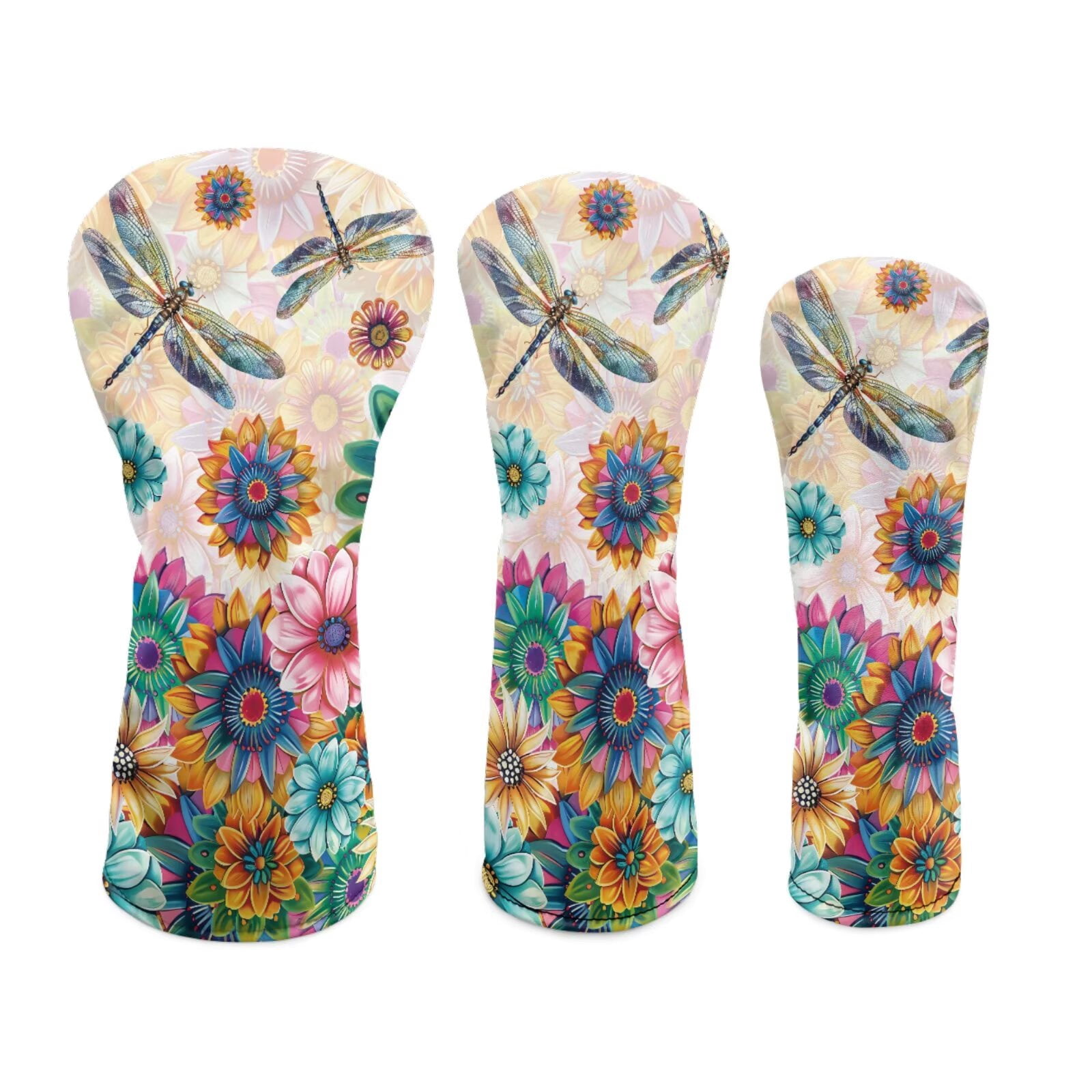 Uorisanigo Golf Club Head Cover for Woods/Drivers/Hybrirds, Premium PU Leather Ethnic Floral Dragonfly Headcovers Accessories for Women Men, Soft Interior Protect Club Head