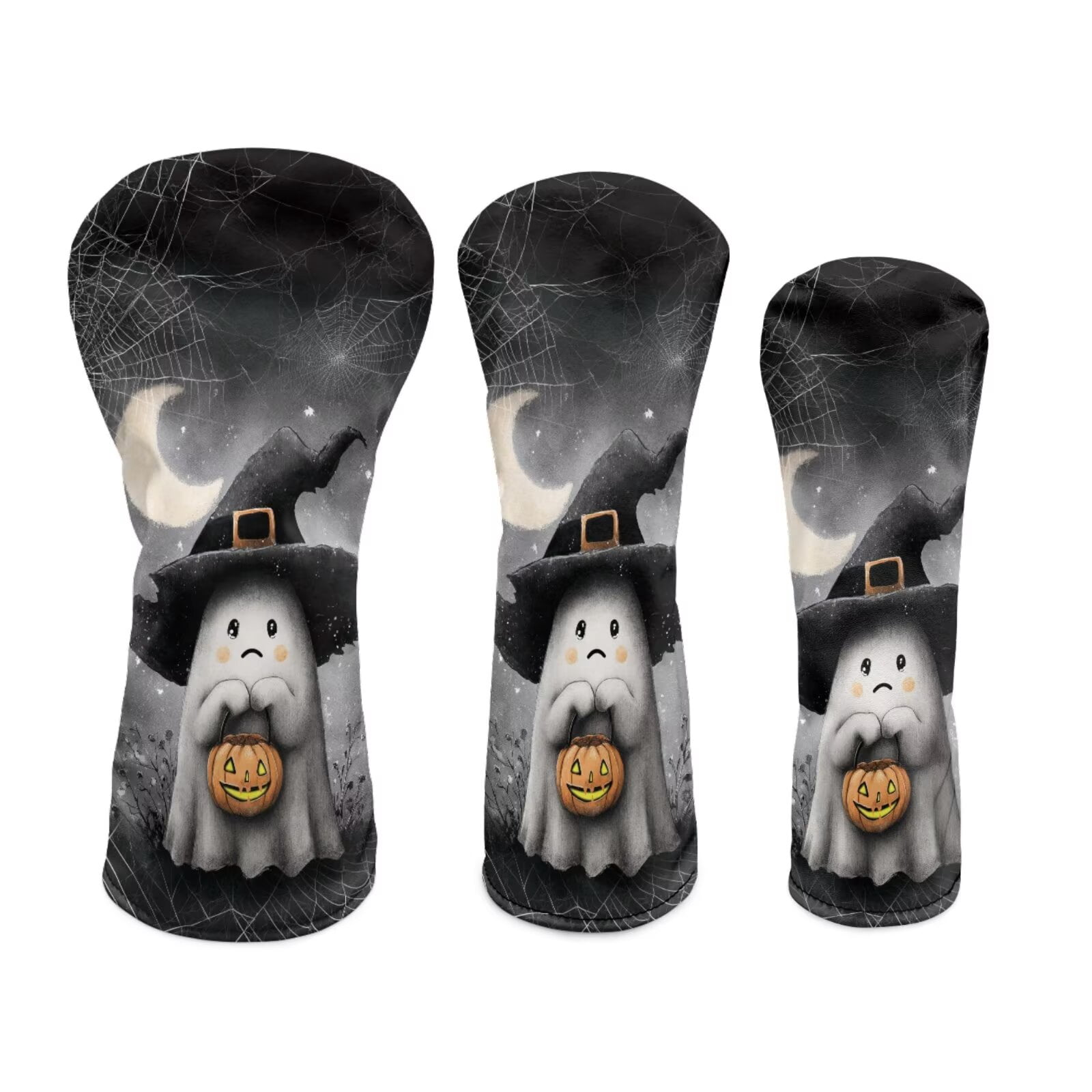 Uorisanigo Golf Club Head Covers 3-Pack Halloween Ghost Headcovers PU Leather Driver Headcover, Golf Hybrid Headcover, Fairway Wood Head Cover, Waterproof & Double Elastic Band