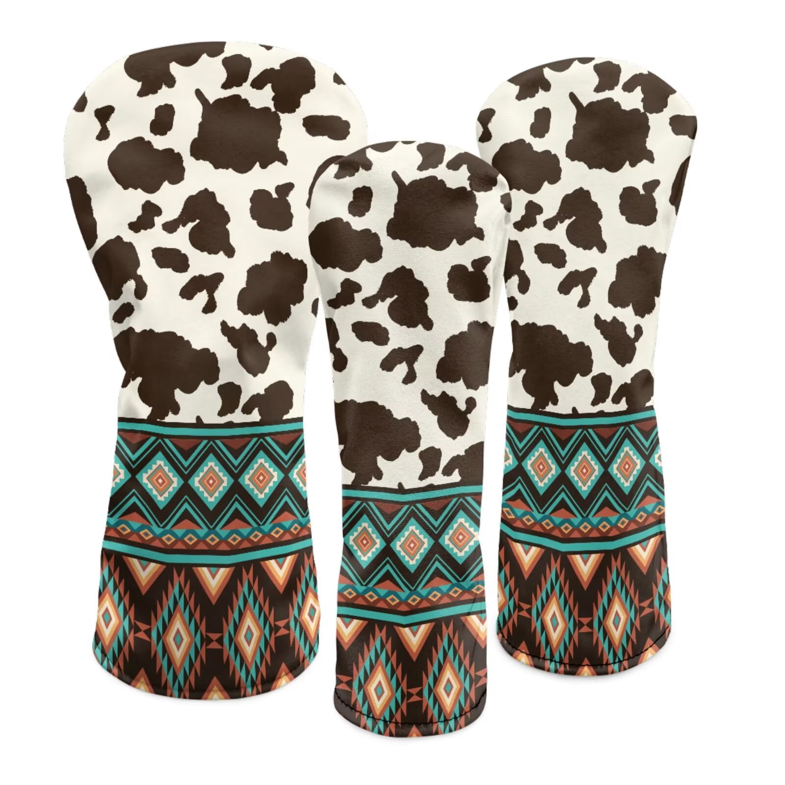 Uorisanigo Golf Club Head Covers, 3Pcs Golf Club Headcovers Set with Soft Lining, Fairway Wood Head Cover, Aztec Cow Print Driver Headcover PU Waterproof Accessories Gift for Women Men