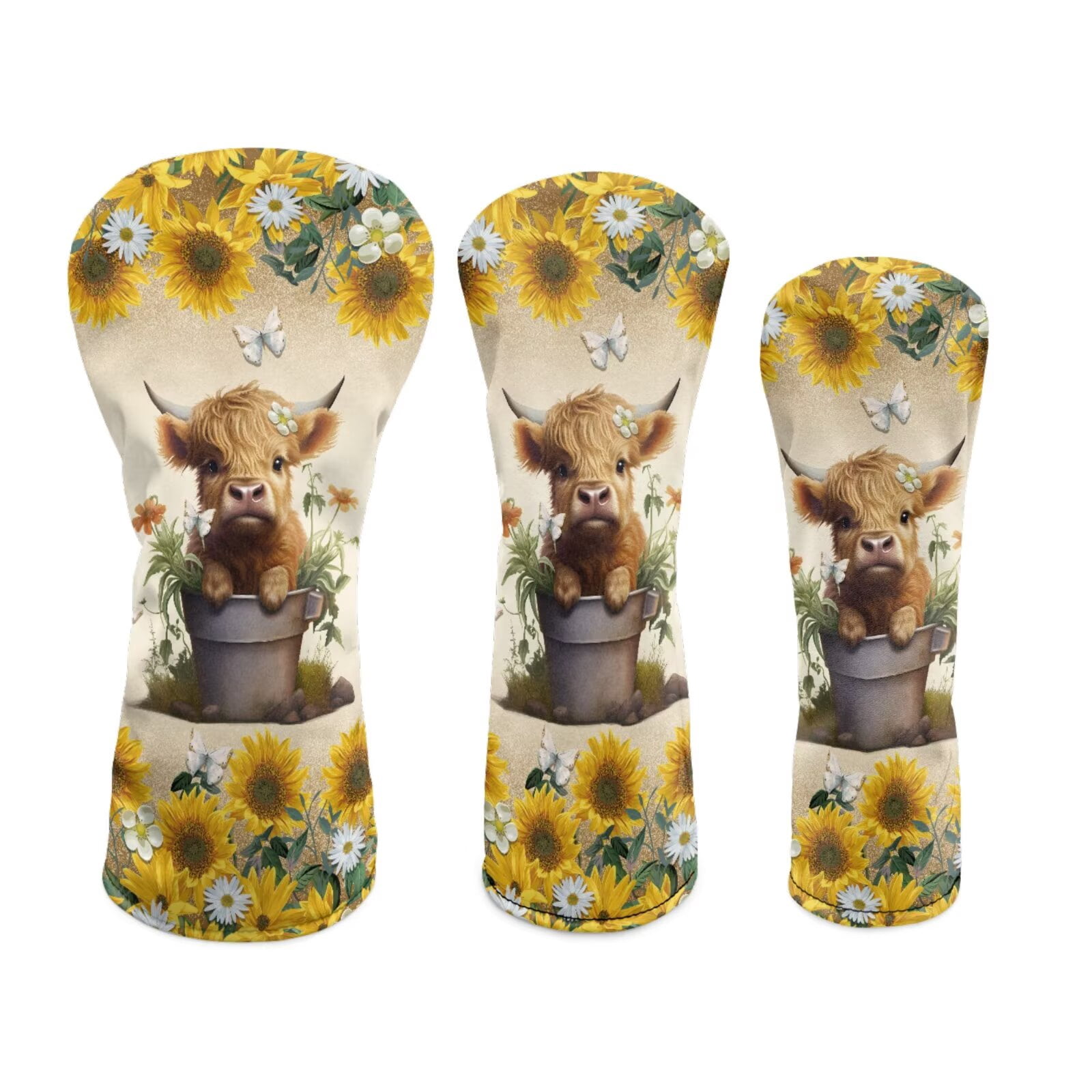 Uorisanigo Golf Club Head Covers - 3pcs Accessories Baby Highland Cow Sunflower Golf Club Headcovers Set for Fairway Woods Driver Hybrids- Waterproof and Durable PU Leather