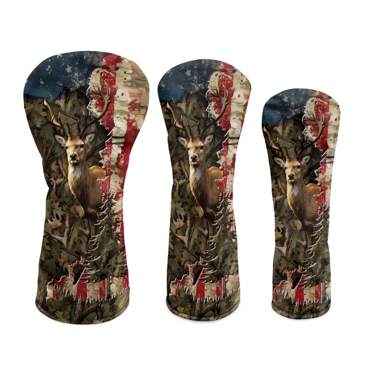 Uorisanigo Golf Club Head Covers - Driver, Fairway #3#5, Hybrid Headgear, Premium Headcovers Set Fit Most Clubs, PU Leather Camo American Flag Deer Hunter Headcovers, Golf Accessories