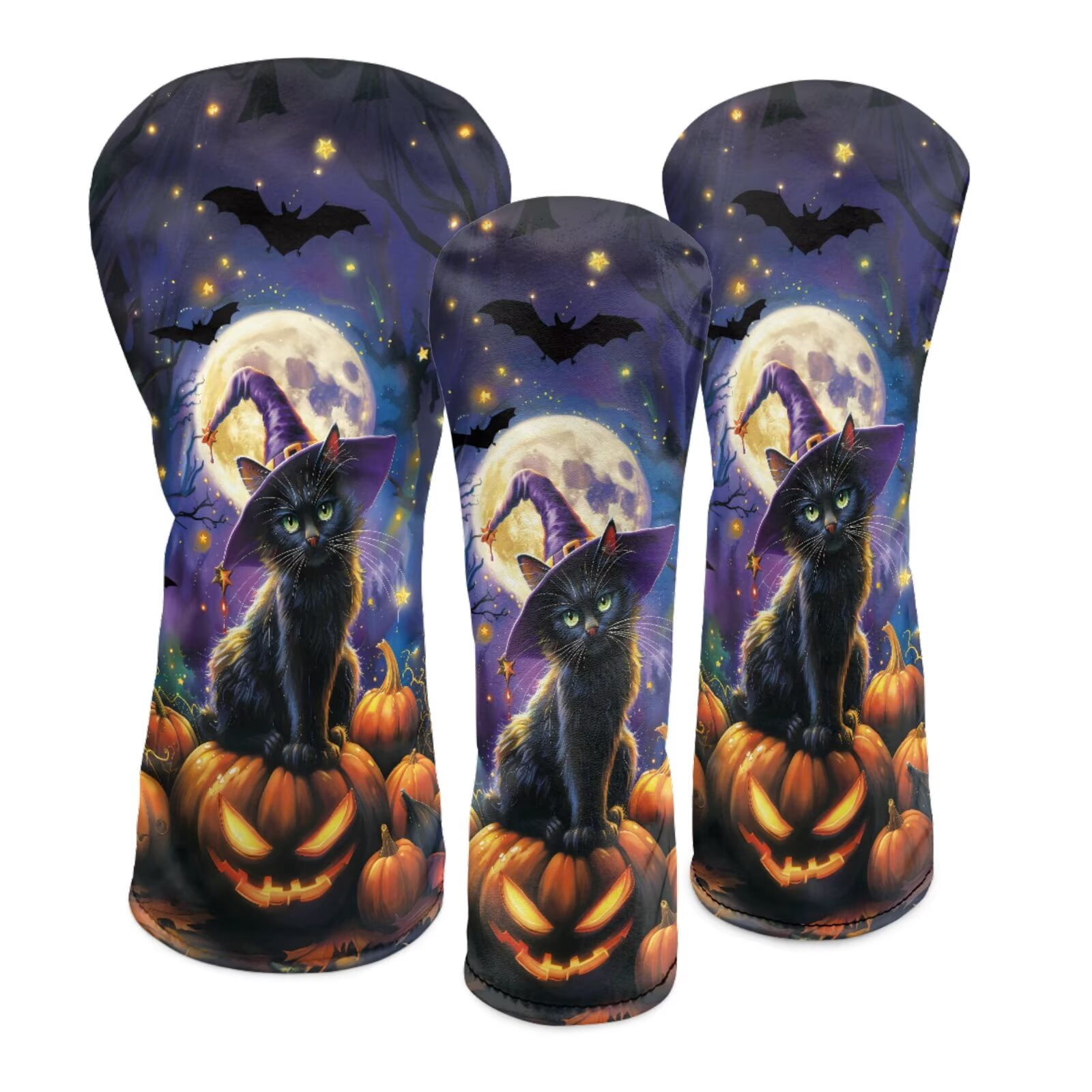 Uorisanigo Golf Club Head Covers, Driver, Fairway #3#5, Hybrid Headgear, Premium Waterproof PU Leather Halloween Black Cat Golf Headcover Accessories for Women Men, Set of 3
