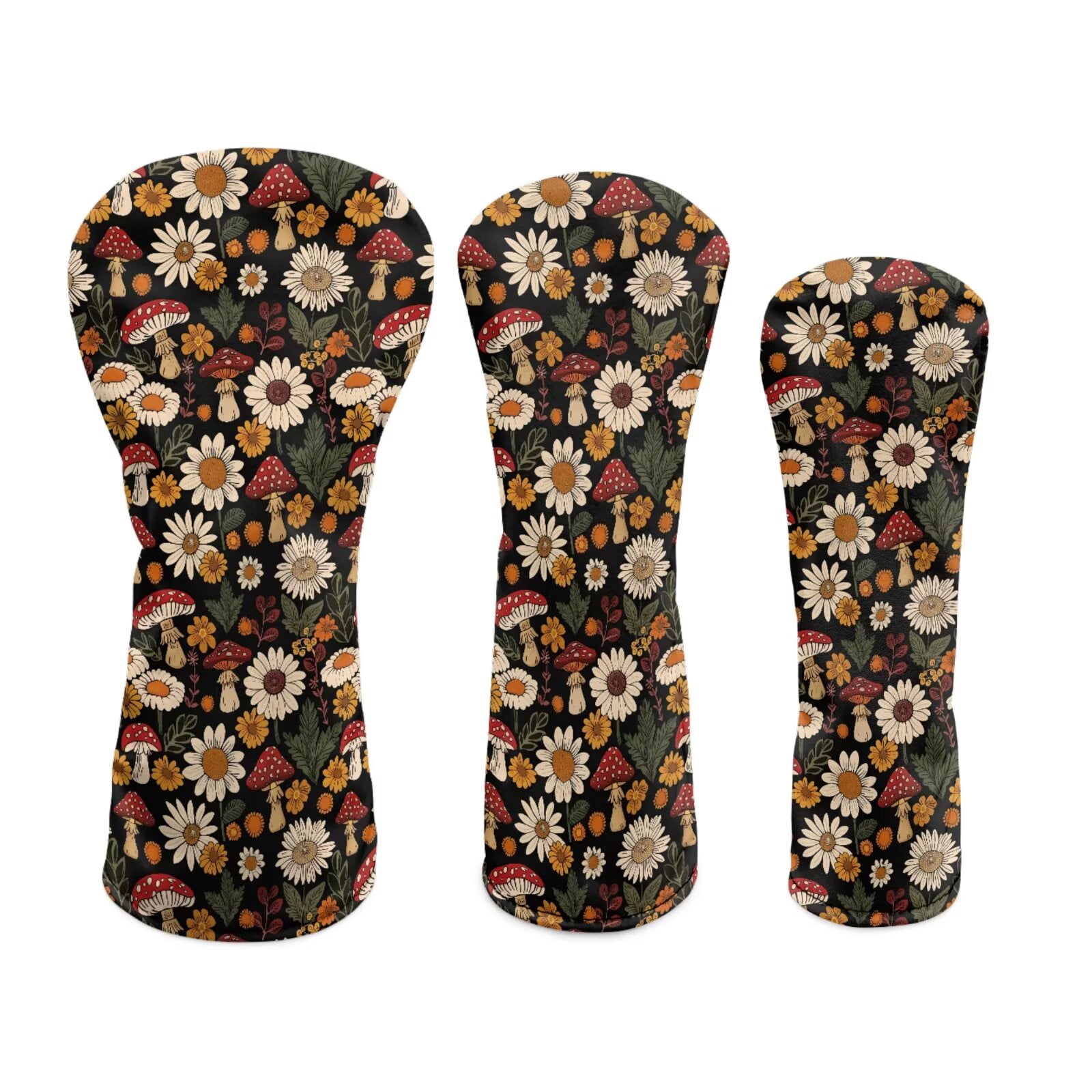 Uorisanigo Golf Club Head Covers for Driver, Fairway Hybrid Woods - Waterproof PU 3 Pieces Aesthetic Mushroom Head Covers for Golf Clubs - with Double Elastic Band Fits Most Size Golfclubs