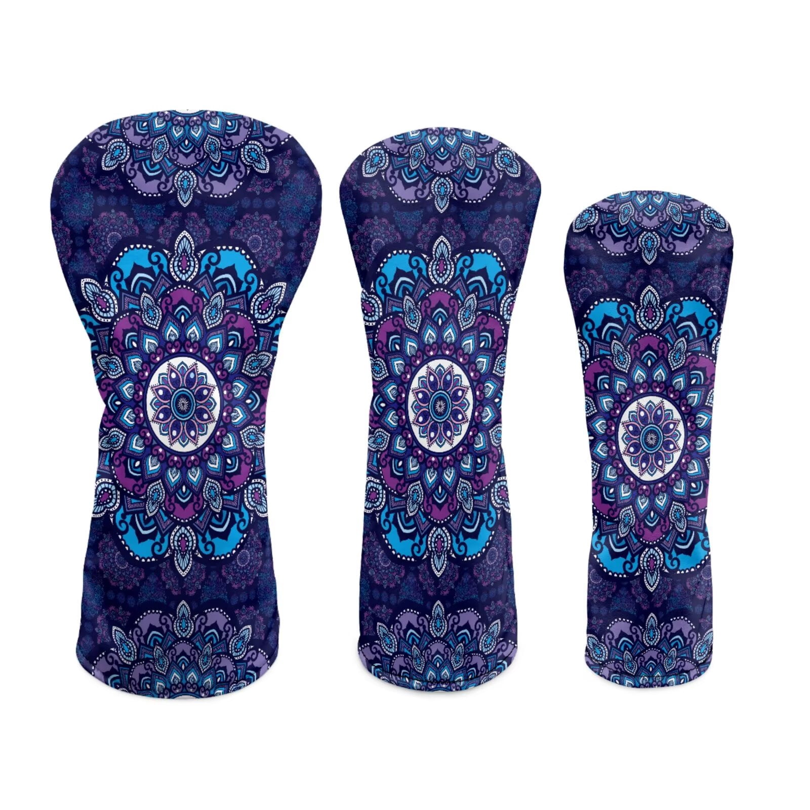 Uorisanigo Golf Club Head Covers for Drivers Fairway Woods Hybrids - Premium PU Leather Purple Boho Mandala Floral Golf Club Headcovers - 3 Piece Set for Men and Women