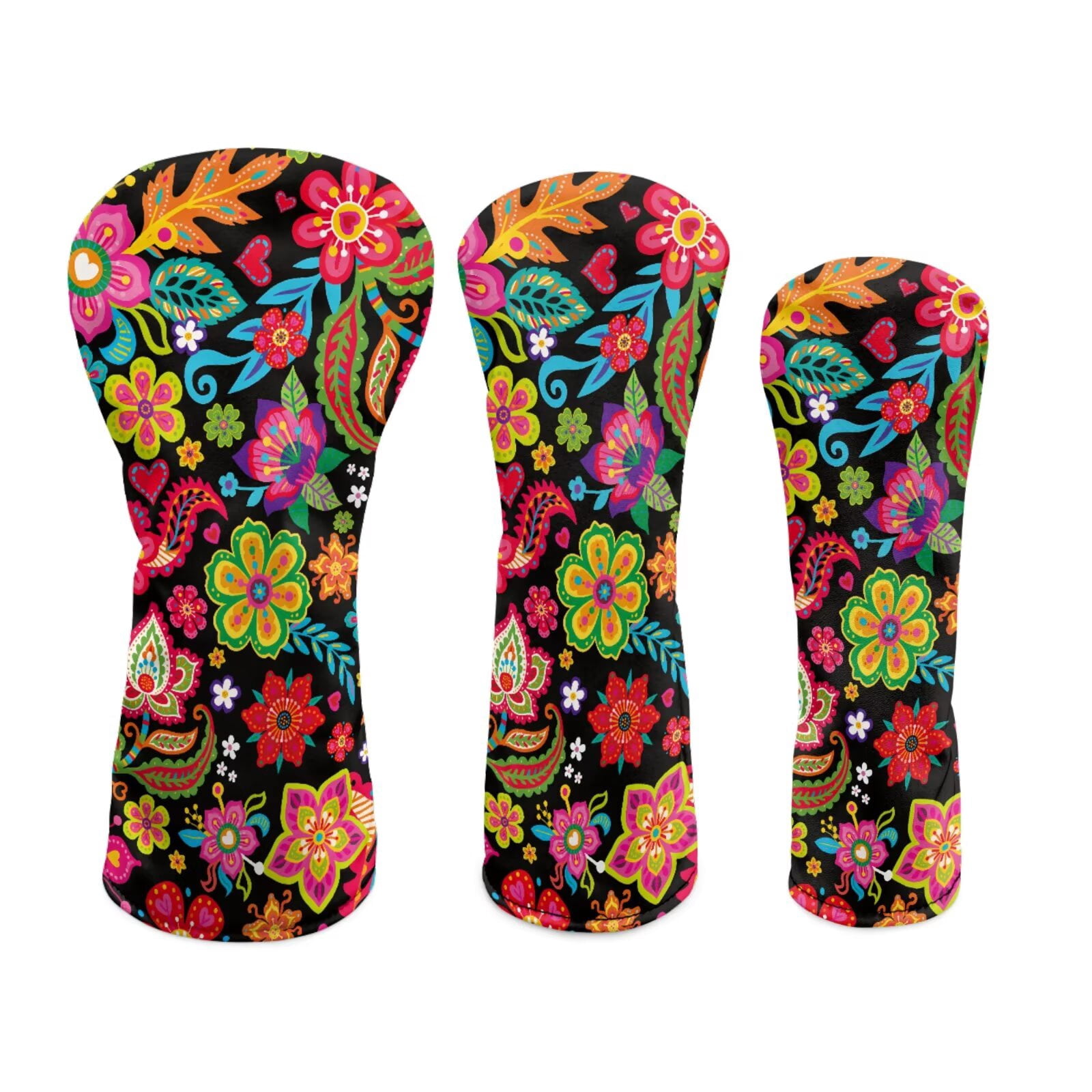 Uorisanigo Golf Club Head Covers, Ethnic Floral Golf Club Driver, Fairway Wood and Hybrid Headcover, PU Leather Design, Soft Fabric Accessories Gifts for Women, Set of 3
