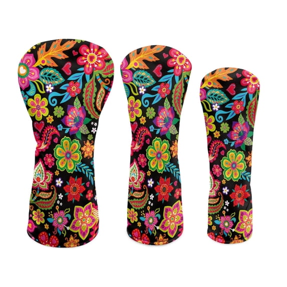 Uorisanigo Golf Club Head Covers, Ethnic Floral Golf Club Driver, Fairway Wood and Hybrid Headcover, PU Leather Design, Soft Fabric Accessories Gifts for Women, Set of 3