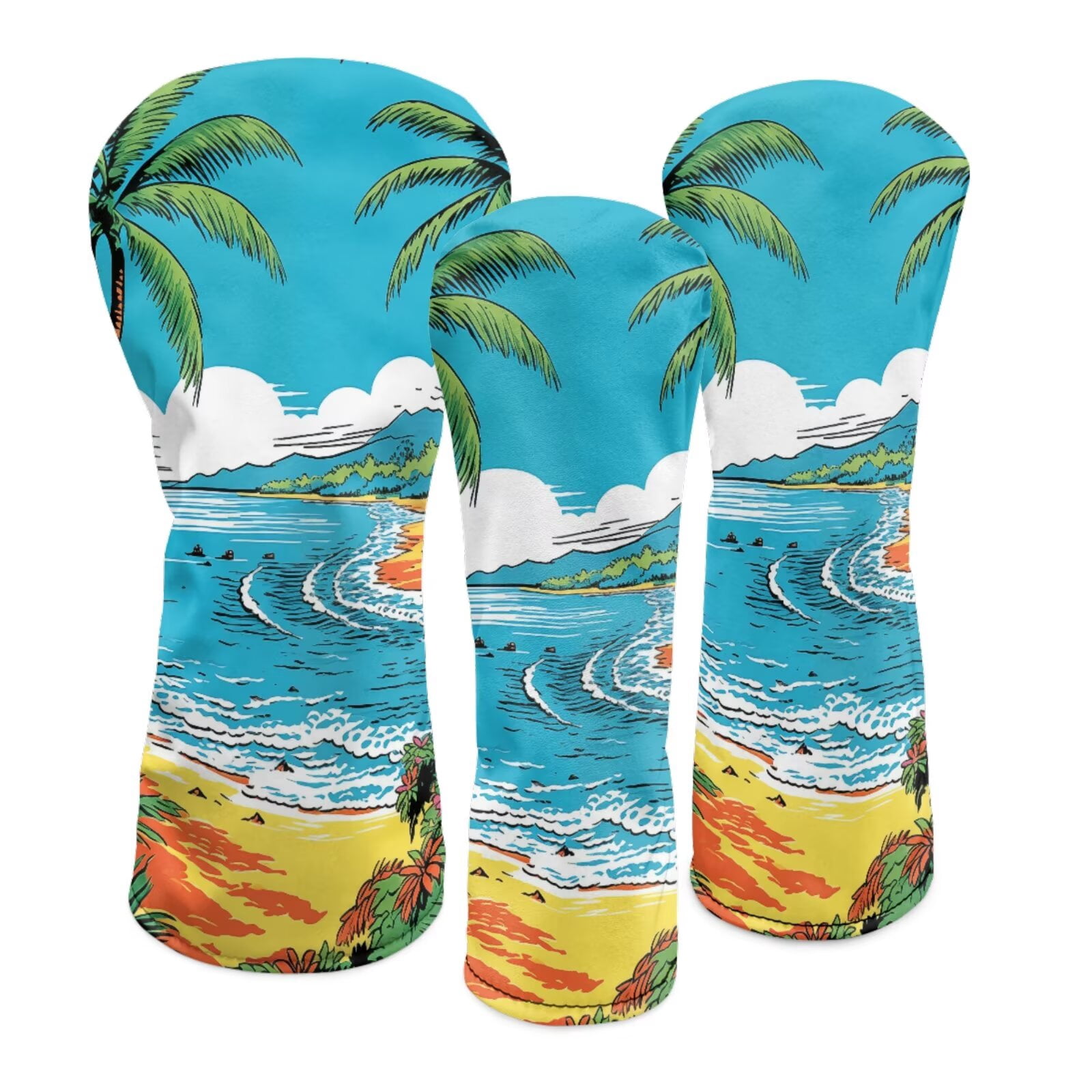 Uorisanigo Golf Club Head Covers Premium PU Leather Beach Coconut Tree Golf Driver/Fairway/Hybrid Club Covers, 3 PCS Headcovers Set Accessories Protection, Waterproof & Durable