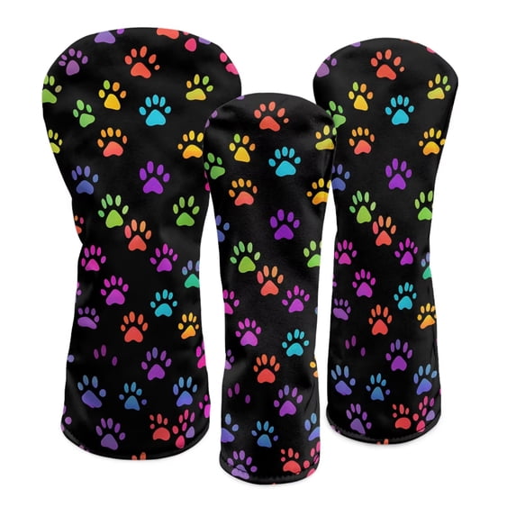 Uorisanigo Golf Club Head Covers, Premium PU Leather Golf Driver/Fairway Wood/Hybrid Headcover 3 PCS Colorful Dog Paws Headcovers Set for Club Protective, Abrasion-Resistant
