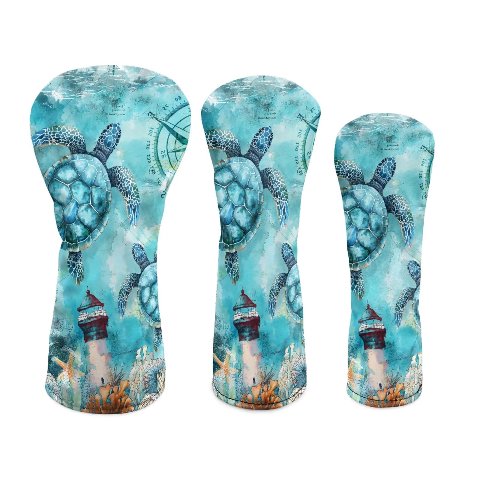 Uorisanigo Golf Club Head Covers Set 3 Pack, Blue Turtle Golf Driver Headcover Fairway Wood Headcover Hybrid Club Head Cover Fit Most Golfs Clubs with Soft Lining for Extra Clubs Protection