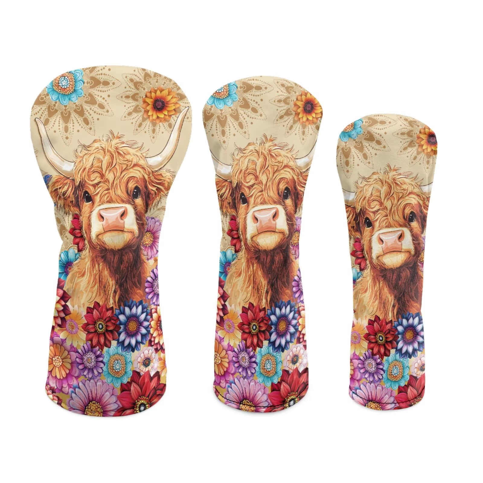 Uorisanigo Golf Club Head Covers Set - PU Leather Boho Floral Highland Cow Golf Club Covers for Driver, Woods and Hybrid, Premium Lightweight Head Cover with Anti-Scratch Protection
