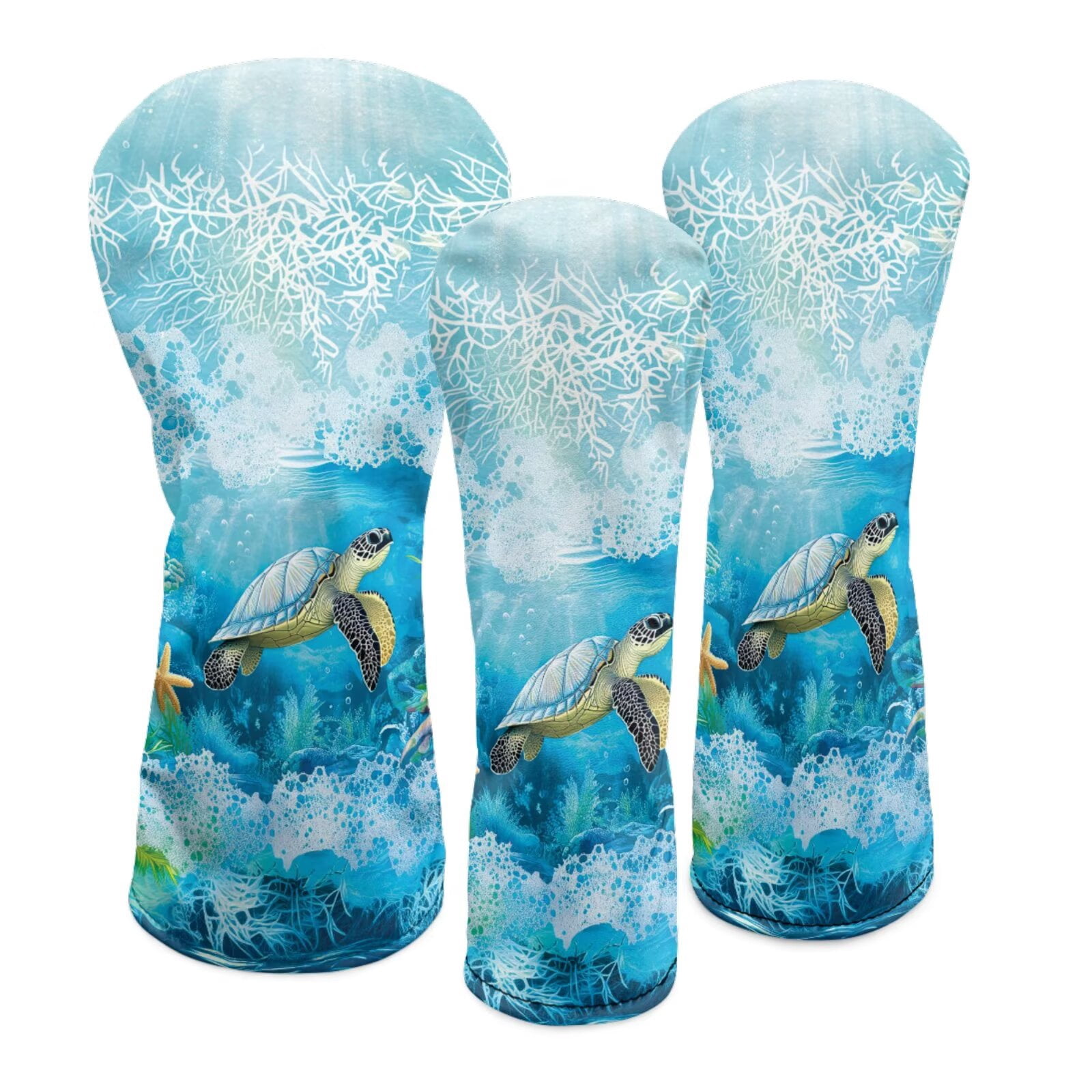 Uorisanigo Golf Club Head Covers Waterproof PU Leather Driver/Fairway/Hybrid Headcovers with Double Elastic Band for Most Brand, Boho Sea Turtle Headcovers for Club Protective