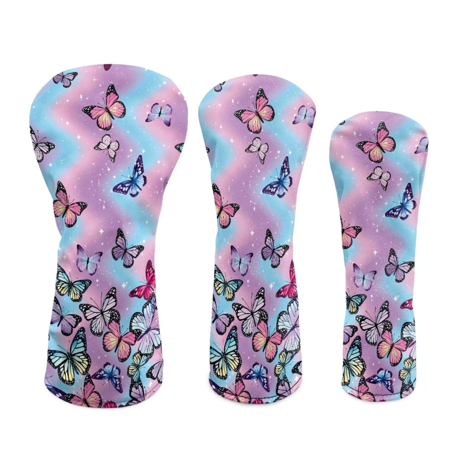 Uorisanigo Golf Club Head Covers for Woods and Driver Fairway Hybrids 3 Pieces Waterproof PU Leather Colorful Butterfly Club Covers Set Golf Accessories for Men Women