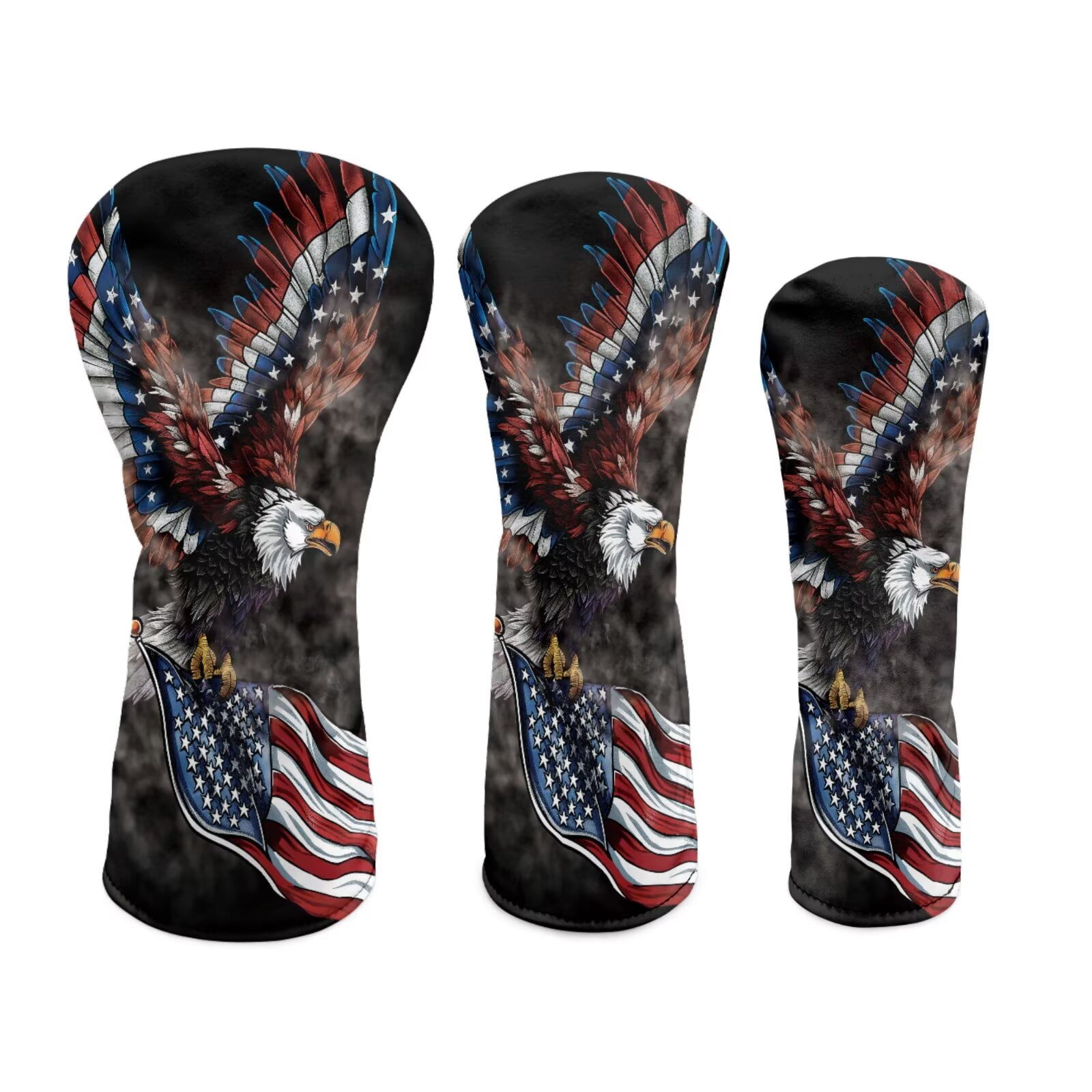 Uorisanigo Golf Club Headcover 3/5 Wood Headcover Elastic Closure Premium Leather Bald Eagle American Flag Golf Driver Headcovers, Fairway Wood Head Cover, Hybrid Cover, Set of 3