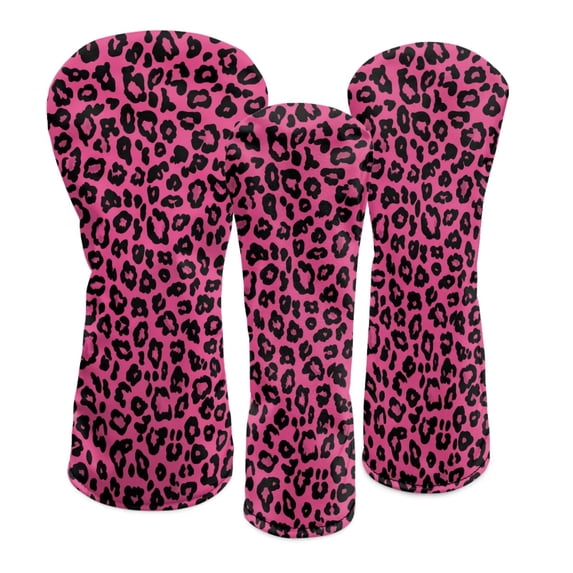 Uorisanigo Golf Club Headcover 3/5 Wood Headcover Elastic Closure Premium Leather Pink Cheetah Leopard Print Golf Driver Headcovers, Fairway Wood Head Cover, Hybrid Cover, Set of 3