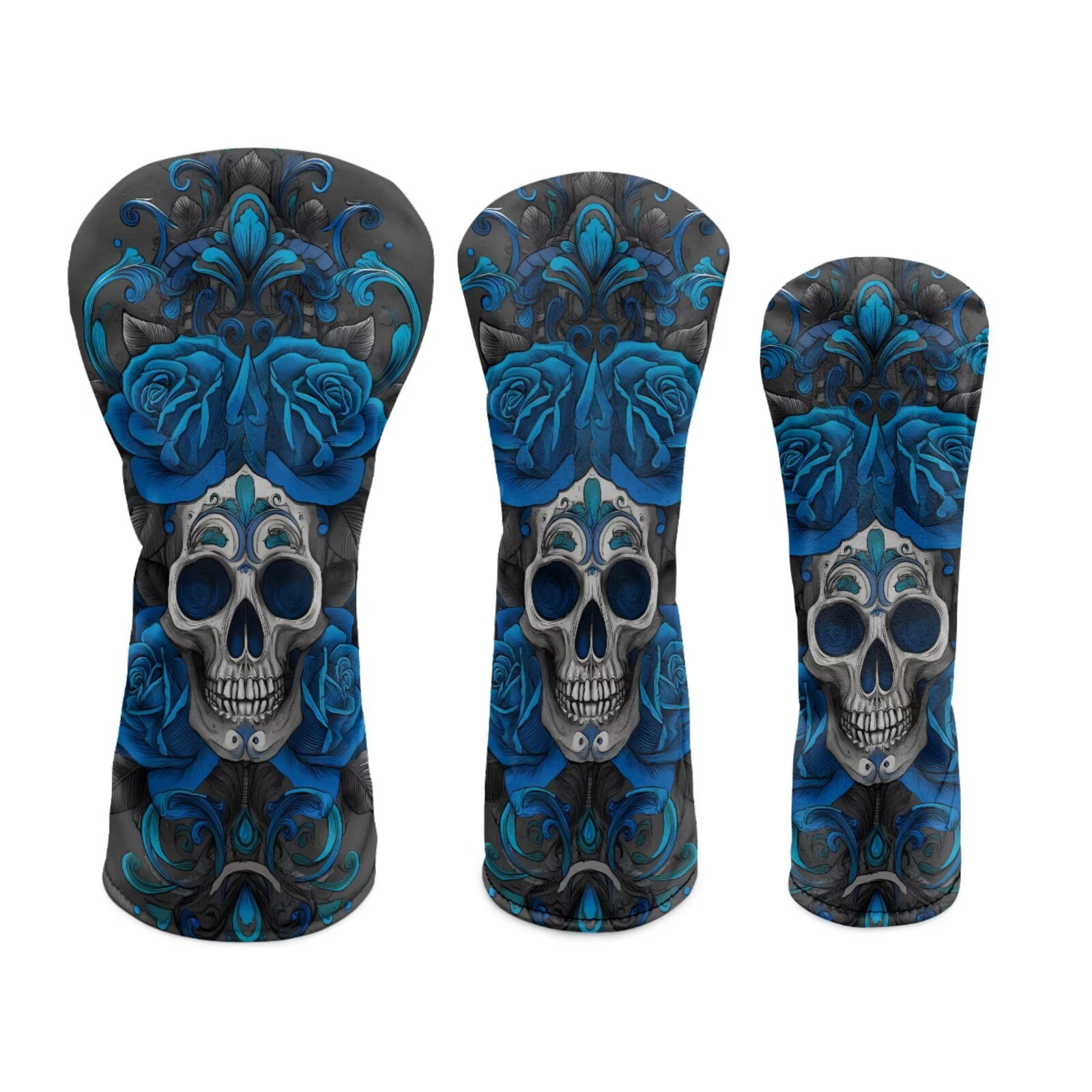 Uorisanigo Golf Club Headcover for Fairway Woods Driver Hybrids, Premium PU Leather 3-Pack Blue Ethnic Skull Golf Club Headcovers Set with Abrasion-Resistant Soft Lined Interior