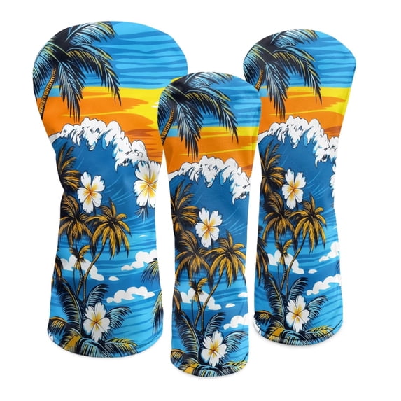 Uorisanigo Golf Club Headcover for Fairway Woods Driver Hybrids, Premium PU Leather 3-Pack Hawaiian Plumeria Palm Tree Golf Headcovers Set with Abrasion-Resistant Soft lining